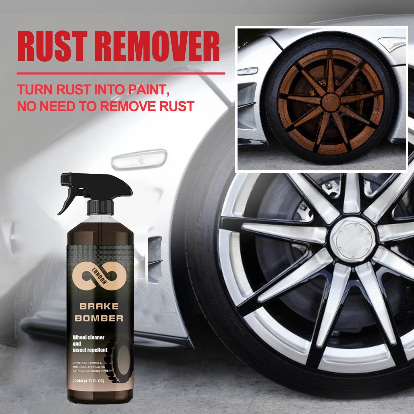 Brake Bomber Wheel Cleaner, Powerful Non-Acid Truck & Car Wheel Cleaner Spray and Bug Remover, Perfect for Cleaning Wheels and Tires, Safe on Alloy, Chrome, and Painted Wheels 120ML