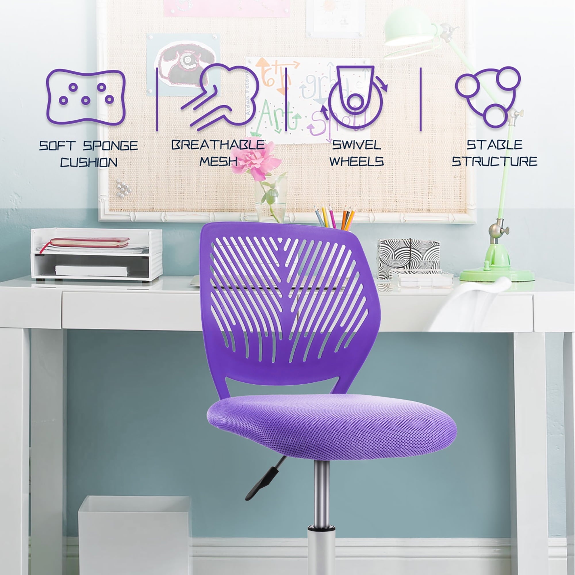 Costway Office Task Desk Armless Chair Adjustable Mid Back Swivel Study Chair Purple