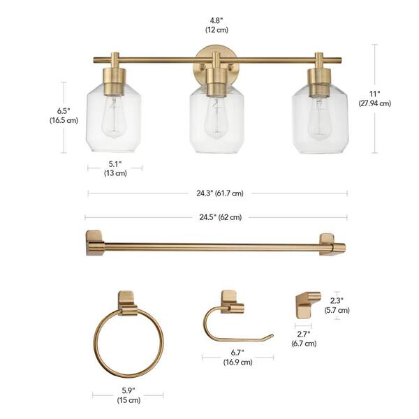 Cannes 24.5 in. 3-Light Brass Vanity Light with Clear Glass Shades and Bath Set (5-Piece)