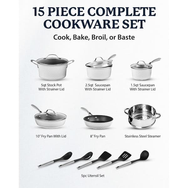 Charleston Collection 15-Piece Aluminum Hammered Nonstick Cookware Set with Utensils in White