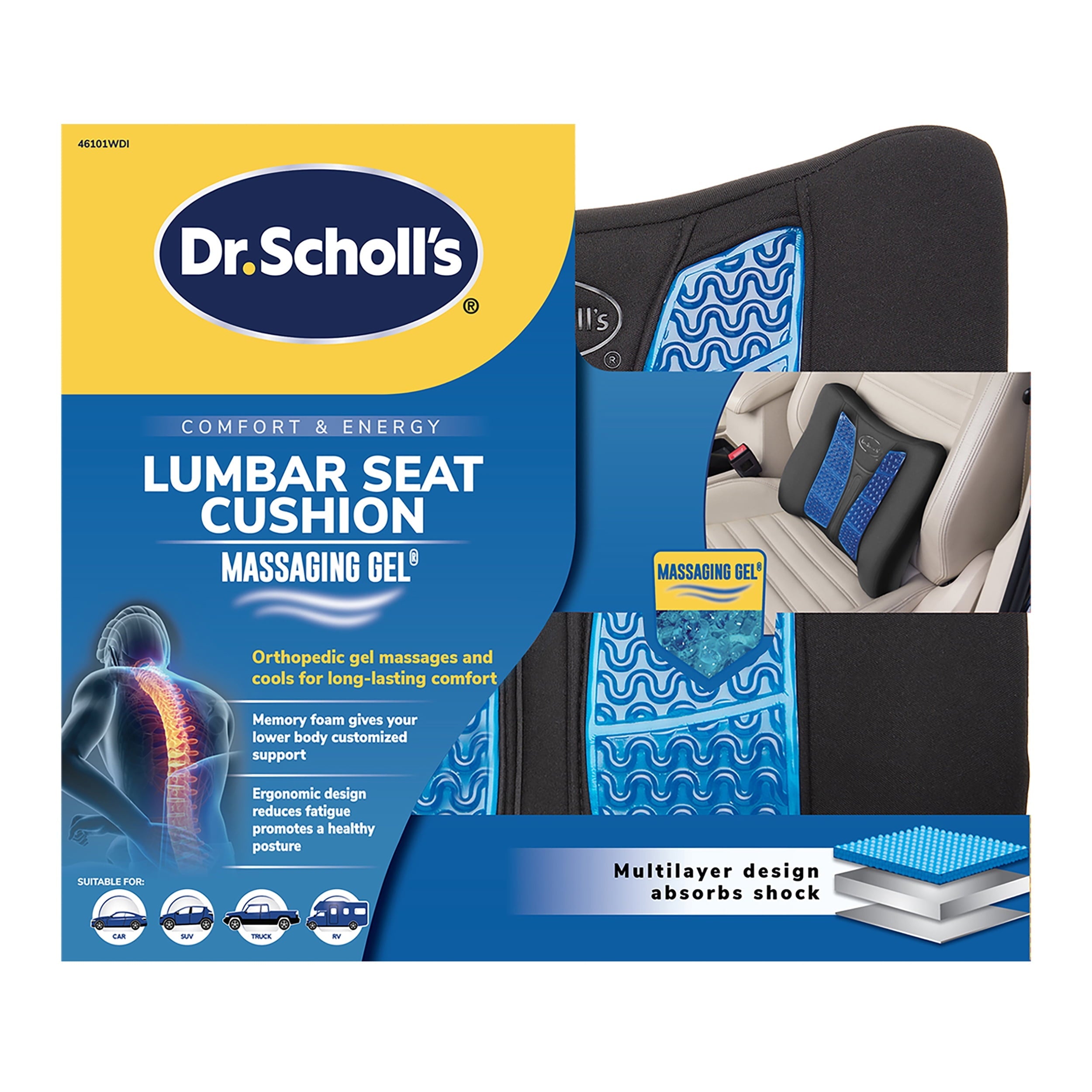 Dr. Scholl’s Black Massaging Gel Lumbar Seat Cushion, 46101WDI, 2.38 lb