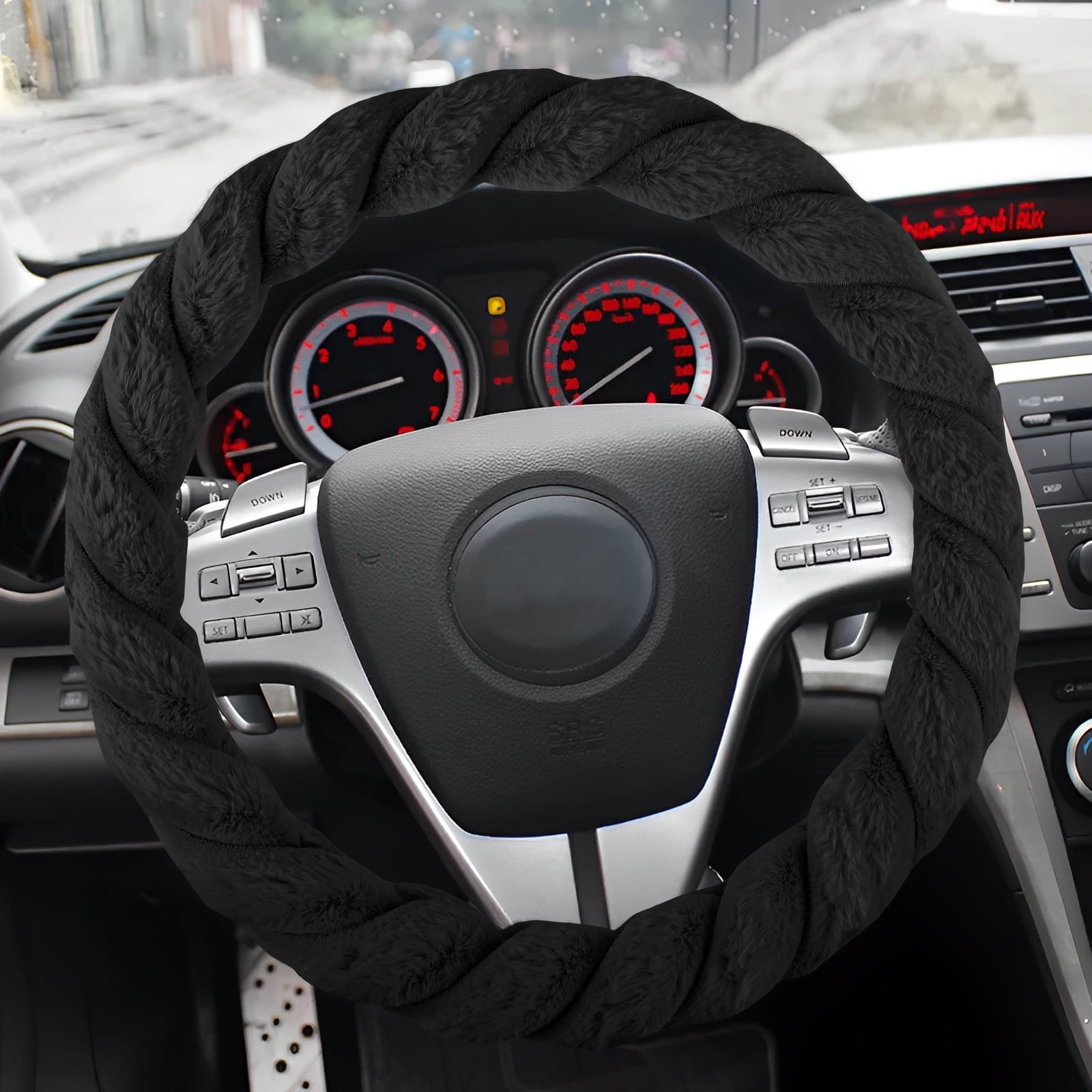 HCQXNSL Black Steering Wheel Cover Plush Steering Wheel Protector Soft Warm Car Covers Fashion Pure 38cm in Diameter for Men and Women
