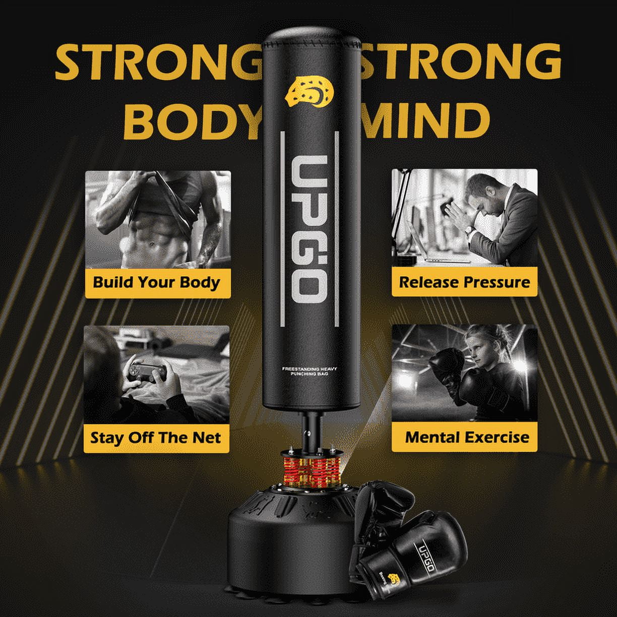 UPGO Freestanding Punching Bag for Adult 70 In./205 Lbs. with Boxing Gloves, Heavy Boxing Bag with Suction Cup Base for Adult Youth Kids-Black