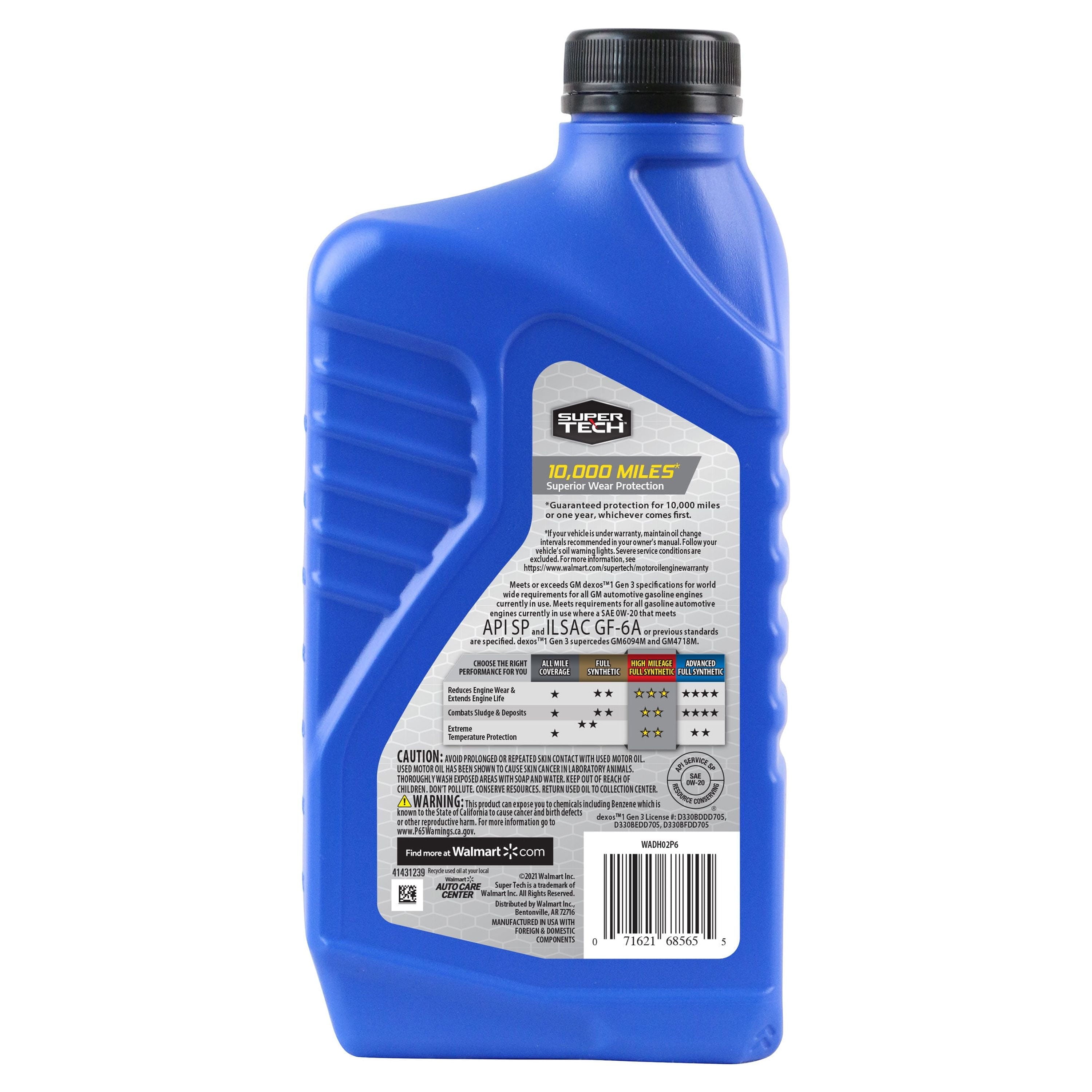 Super Tech High Mileage Full Synthetic SAE 0W-20 Motor Oil, 1 Quart