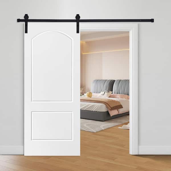 Modern TWO PANEL ROMAN Designed 96 in. x 42 in. MDF Panel White Painted Sliding Barn Door with Hardware Kit