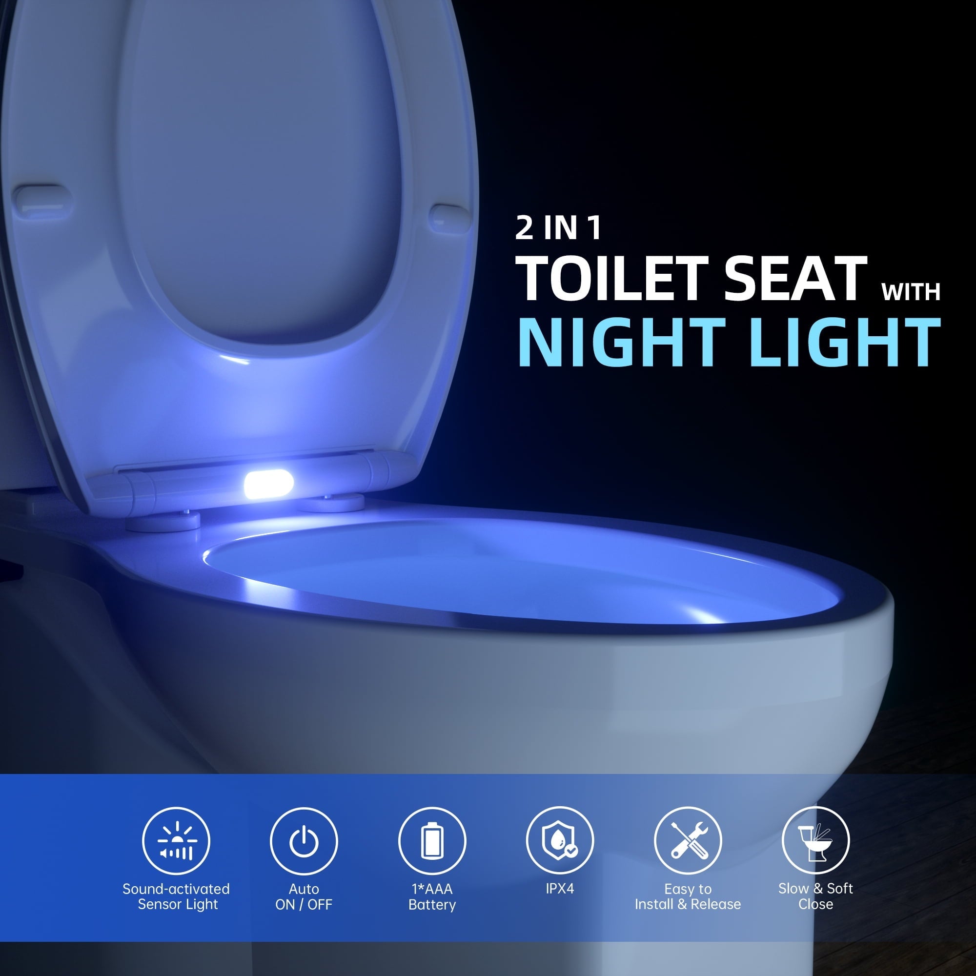 R&T Elongated Toilet Seat Soft Slow Close with Built-in Night Light White Plastic
