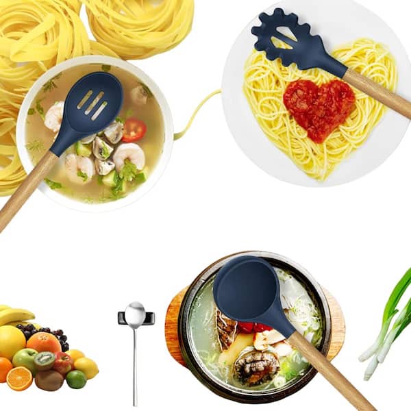 14-Piece Silicon Cooking Utensils Set with Wooden Handles and Holder for Non-Stick Cookware, Blue