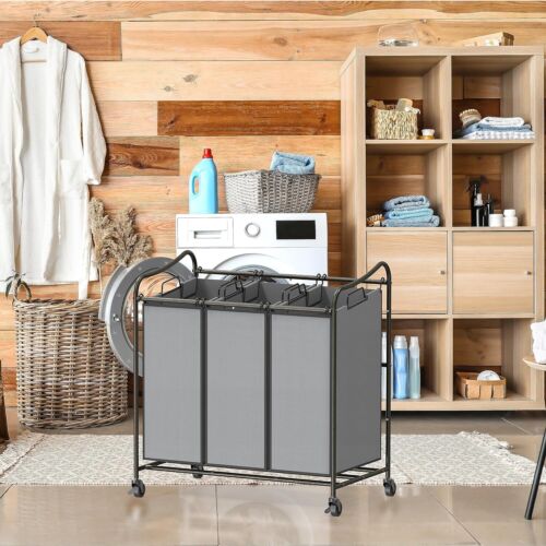 SimpleHousewar<wbr/>e Heavy Duty 3-Bag Laundry Sorter Rolling Cart Dark Grey