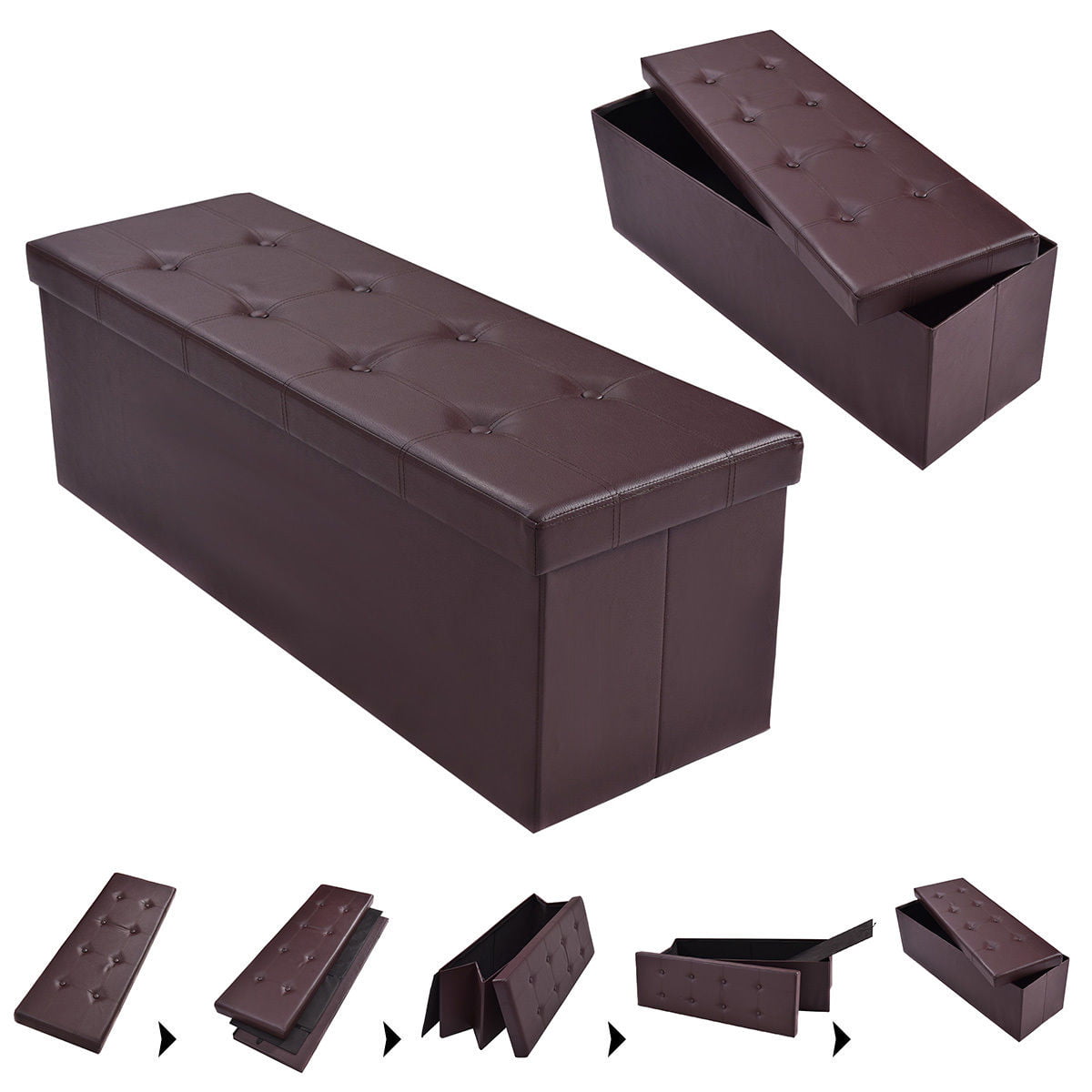 Costway 45''x15''x15'' Large Folding Storage Faux Leather Ottoman Pouffe Box Stool Brown