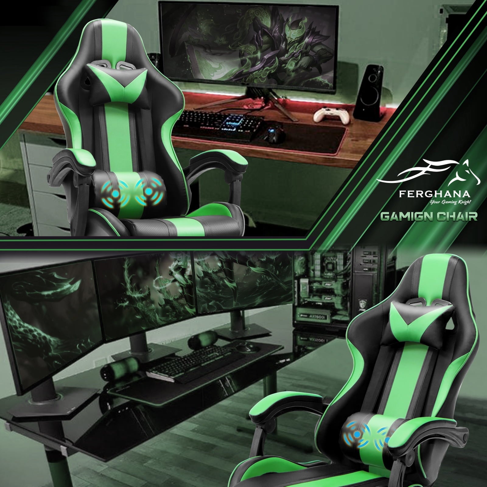 Ferghana Gaming Chair Office Chair, Ergonomic Gamer Game Chair with Footrest & Massage Lumbar Pillow, Reclining Adjustable Height Leather Computer Chair, Green