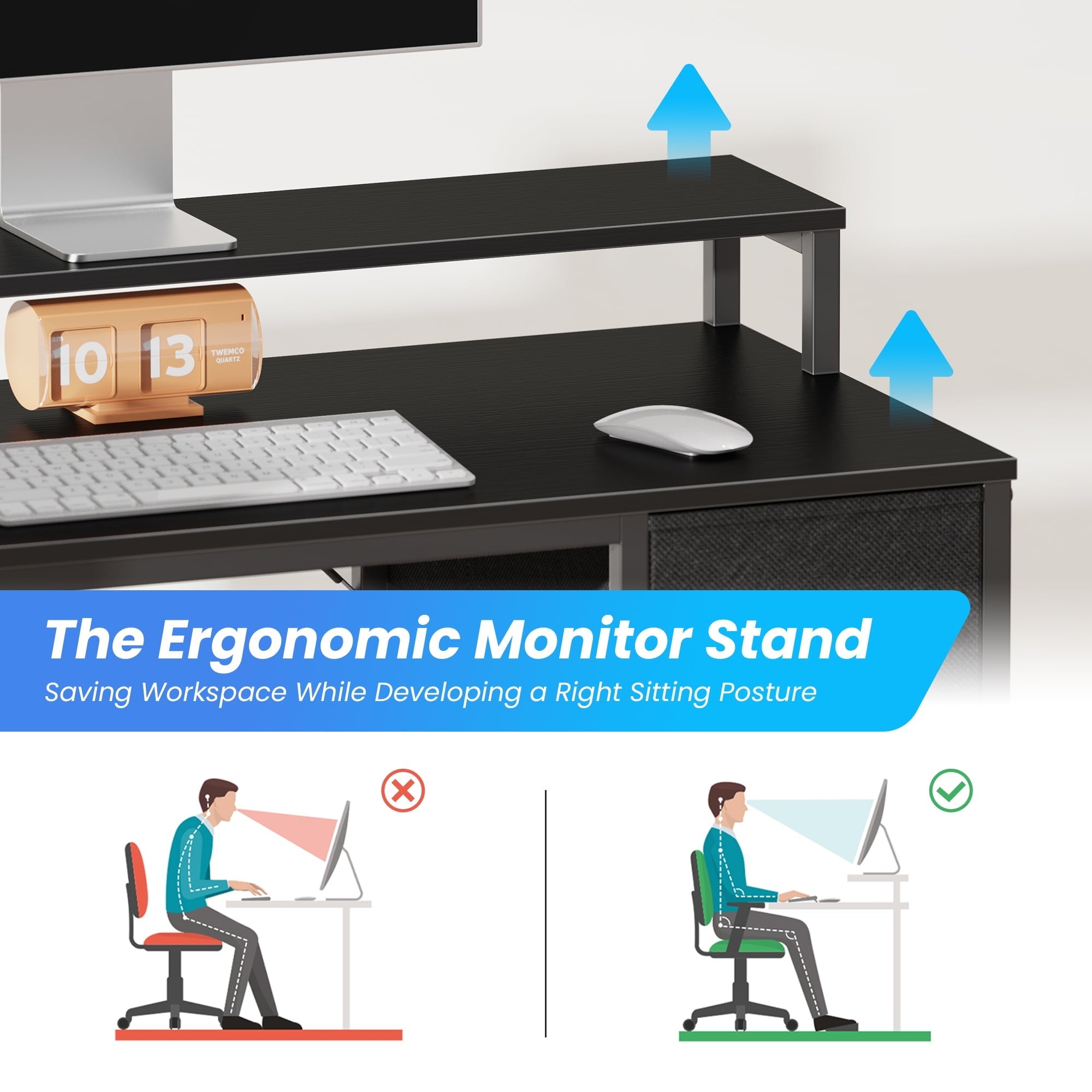 SUPERJARE L-Shaped Computer Desk with LED Lights & Power Outlets, Gaming Desk with Shelves & Drawer, Reversible L Office Desk, Black