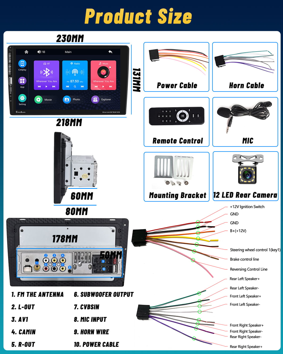 Hongchen Single 1 DIN 9'' Car Stereo Radio Type C Apple Carplay Android Auto Mirror Link HD Touch Screen Car MP5 Multimedia Player Bluetooth FM USB&Microphone(With Backup Camera)