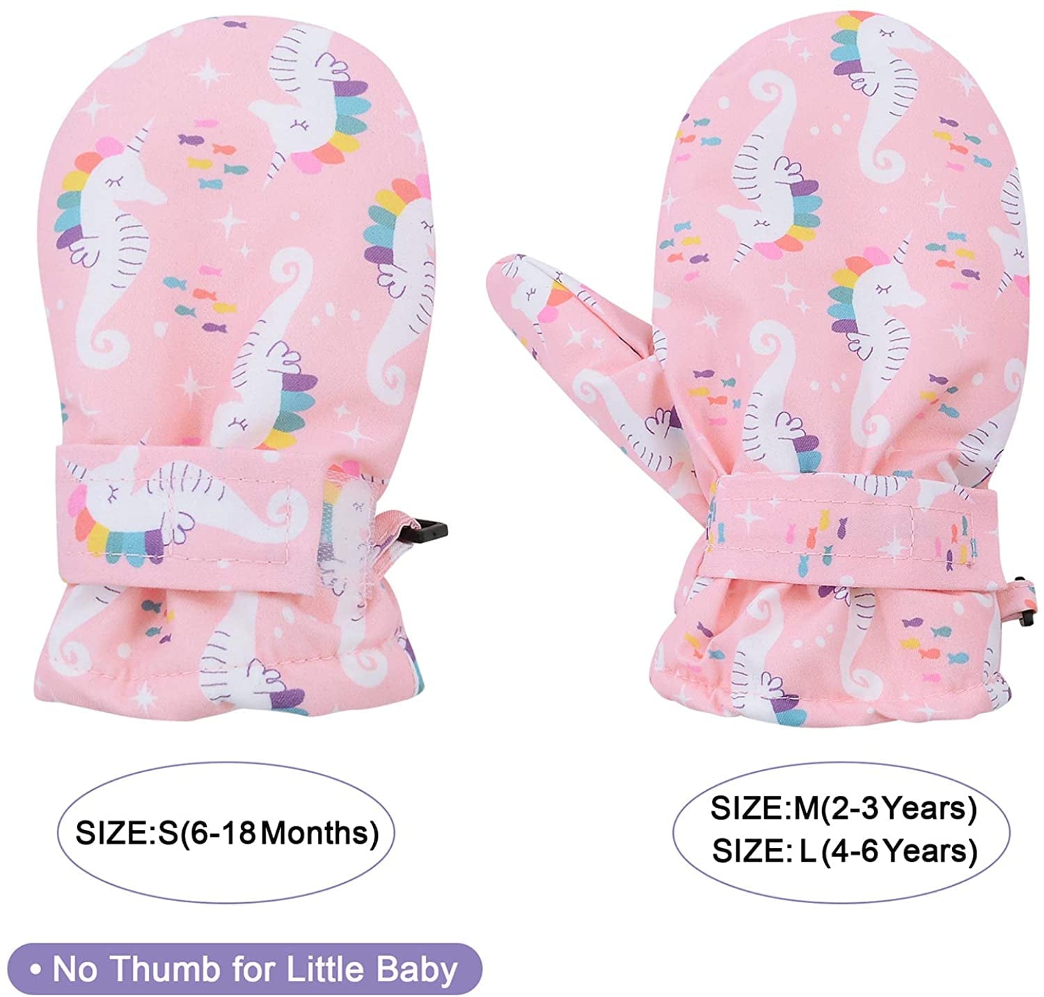 Zando Toddler Kids Ski Gloves for Kids Snow Gloves Waterproof Warm Toddler Mittens for Winter Outdoor Sports Pink Rainbow Seahorse S