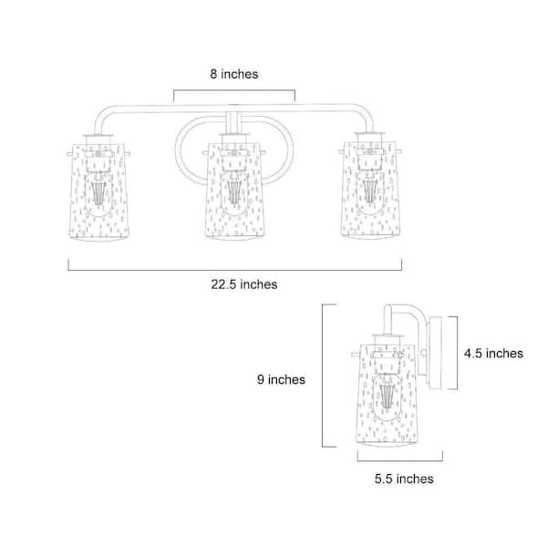 Modern Gold Bathroom Vanity Light Bar, 22.5 in. 3-Light Farmhouse Brass Wall Sconce with Seeded Glass Shades