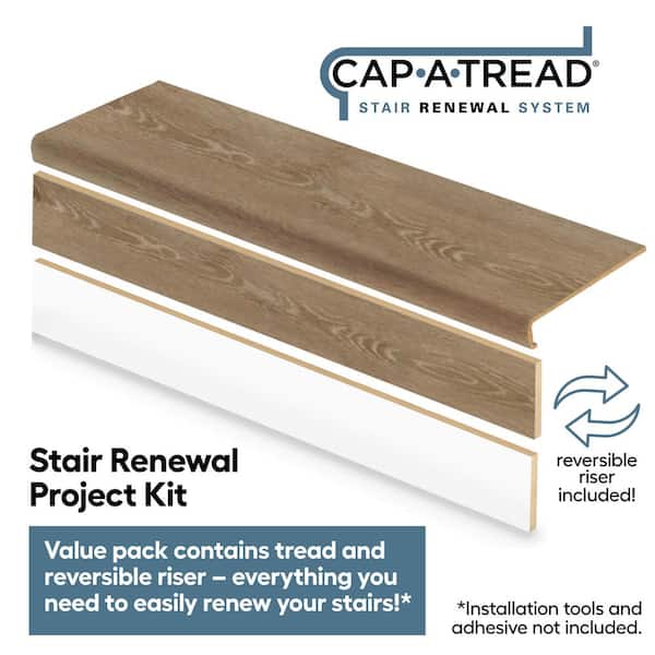 Virgil Island Oak 47 in. L x 12.15 in. W x 2.28 in. T Laminate Stair Tread and Reversible Riser Kit Adhesive
