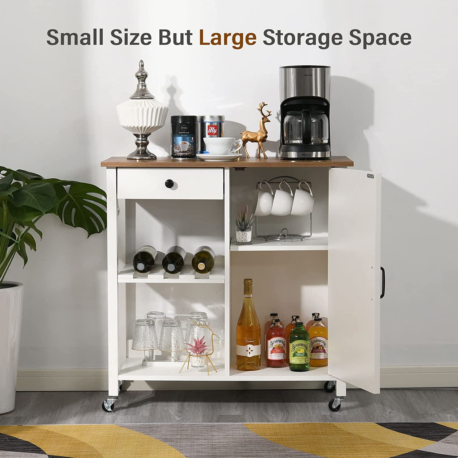 Catrimown Farmhouse Kitchen Cart, Rolling Kitchen Cart  with Storage, Microwave Stand Coffee Cart, White