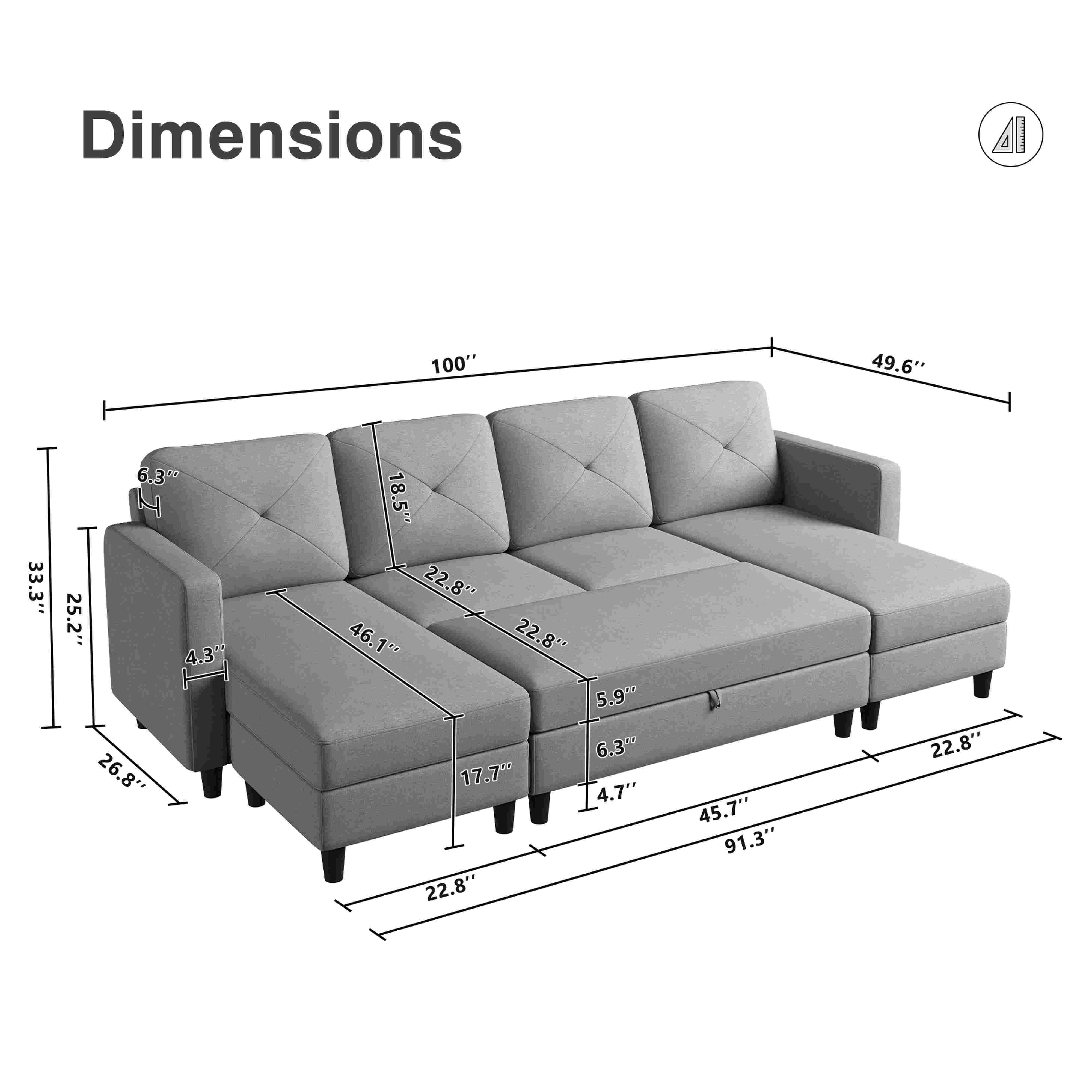 HONBAY Modern Upholstered U-Shape Modular Sleeper Sectional Couch Sets with Ottomans, Light Grey