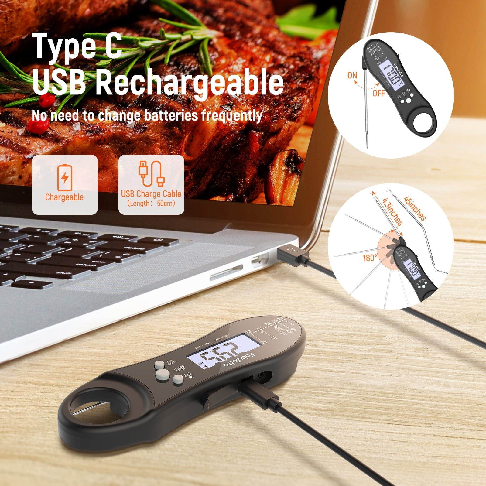 Fabuletta Rechargeable Digital Meat Thermometer - Dual Probe Instant Read Thermometer with Alarm Waterproof Kitchen Food Thermometer for Cooking, Grill, BBQ, Smoker, Candy, Liquids and Oil Frying