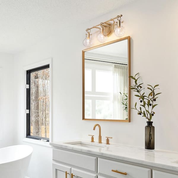 Modern 21 in. 3-Light Brass Gold Bath Vanity Light with Globe Clear Glass Shade Wall Sconce, LED Compatible