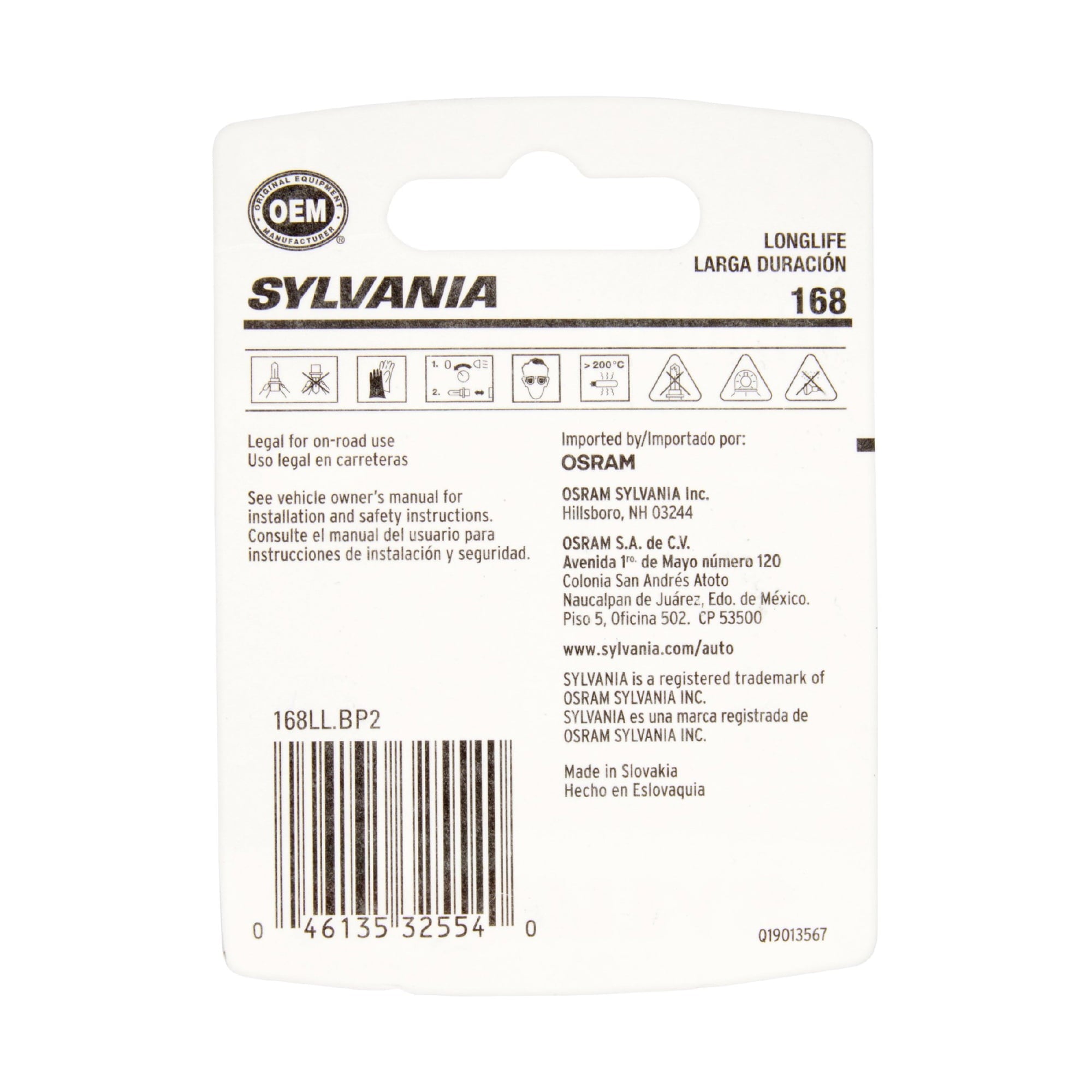 Sylvania 168 Long Life Automotive Mini Bulb, Pack of 2.