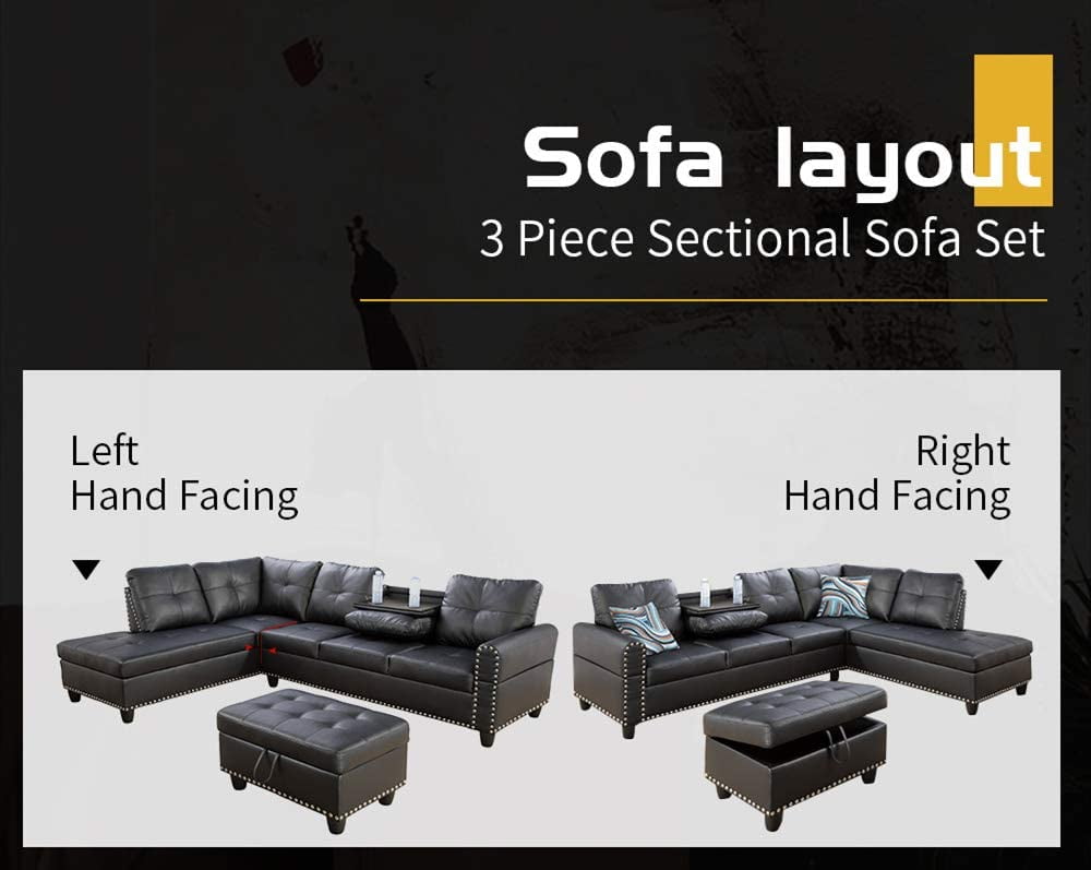 PonLiving Furniture Maghin 98'' Black Leather Sectional Sofa with Storage Ottoman Left Hand Facing PonLiving Maghin 98'' Black Leather Sectional Sofa with Storage Ottoman Left Hand Facing