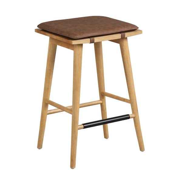 Barker 25 in. Counter Height Wood Barstool with Leather Removable Cushion, for Kitchen, Chestnut Brown, Set of 4