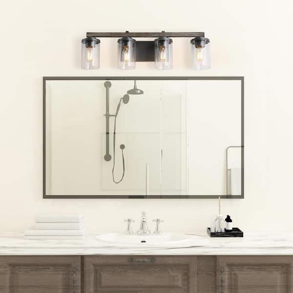 28 in. 4-Light Rust Black Farmhouse Bathroom Vanity Light with Brushed Faux Wood/Gray Accents and Clear Glass Shades