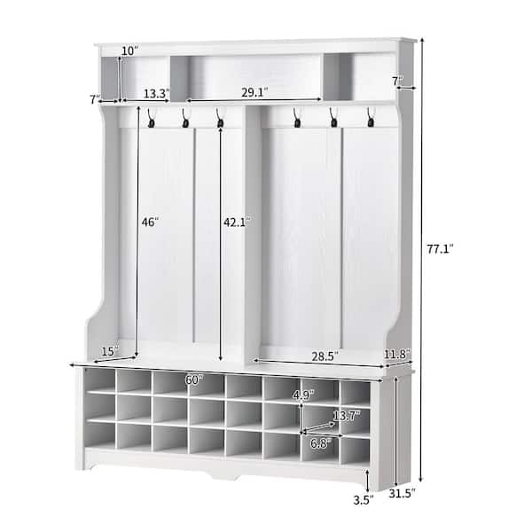 Multifunction 60 in. W White Hall Tree with 6 Metal Black Hooks and 24 Shoe Cubbies