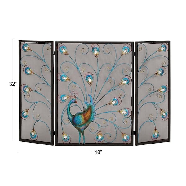 Black Metal Peacock Foldable Mesh Netting 3-Panel Fireplace Screen with Crystal Accents