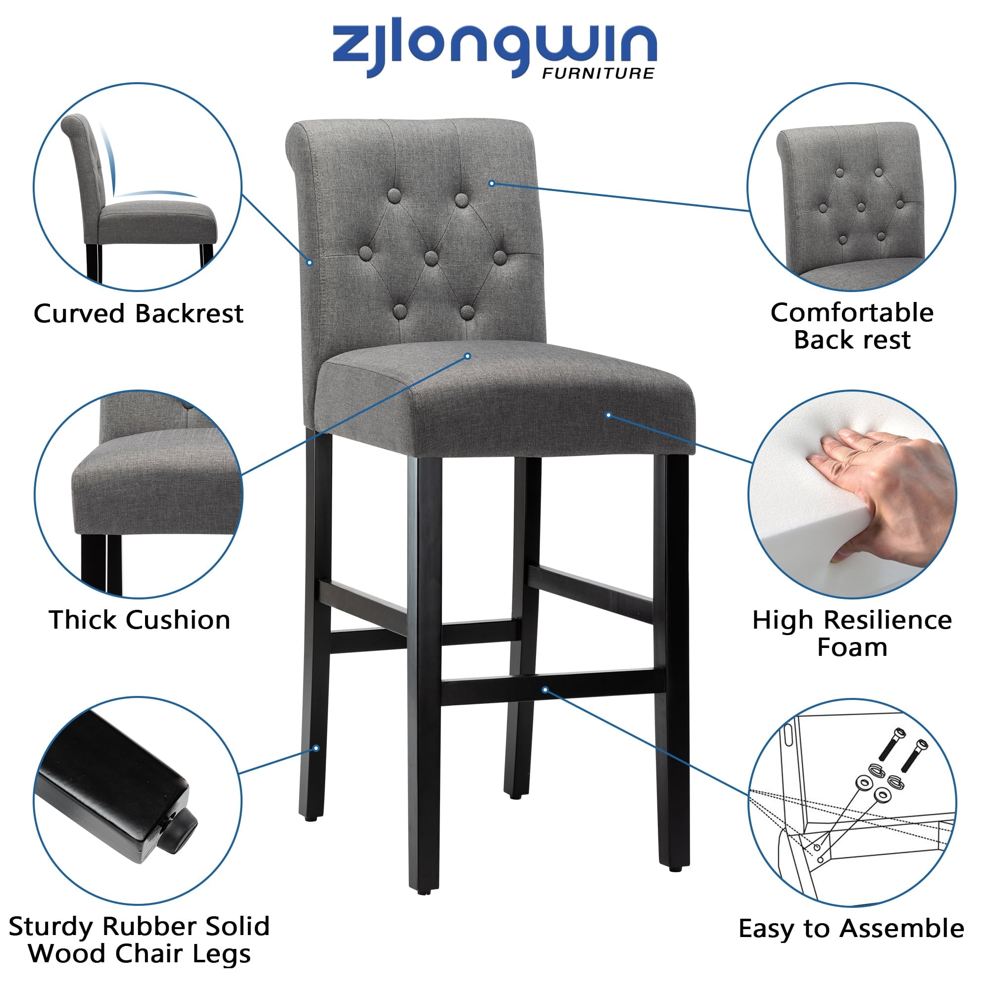 Bar Height Full Back Button Tufted Fabric Upholstered Bar Stool, Gray, Set of 2