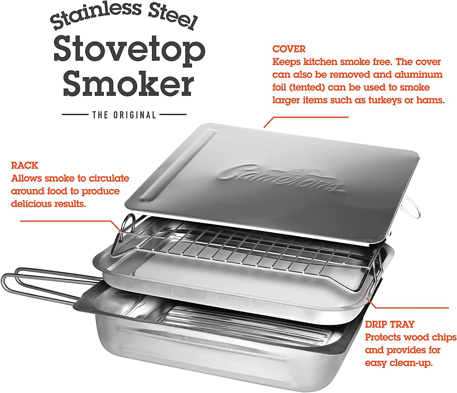 Stovetop Smoker - The Original (11” x 15” x 3.5”) Value Pack Stainless Steel Smoking Box with 3 Bonus Pints of Wood Chips - Works Over Any Heat Source, Indoor or Outdoor