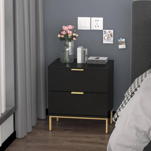 Wooden Nightstand Bedside Table With 4 Metal Legs 2-Drawer Black