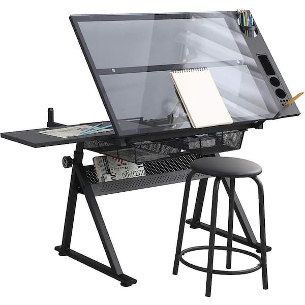 38.5 in. Rectangular Black Tempered Glass Adjustable Drafting Table Drawing Desk with 2 Drawer and Chair
