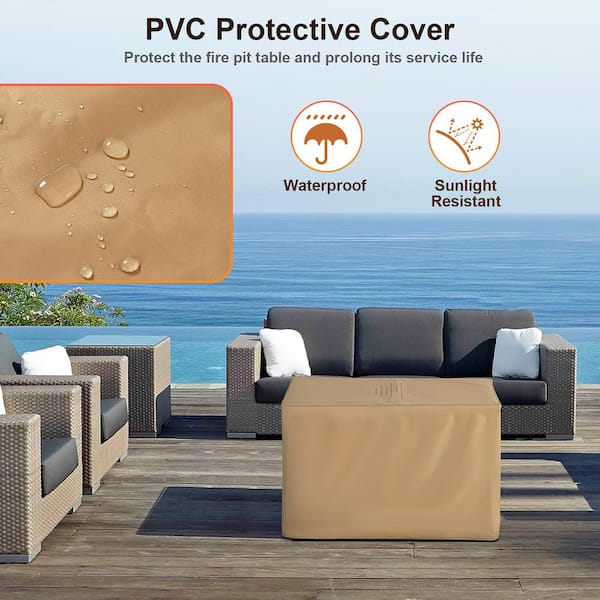 Rectangle Propane 40 in. Stone Metal Fire Pit Table Wood-Like Surface with Lava Rock PVC Cover