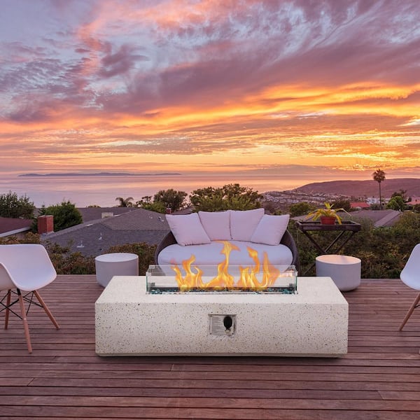 56 in. 50000 BTU Large White Rectangle Composite GRFC Fire Pit Table with Glass Wind Guard and Water-Resistent Cover