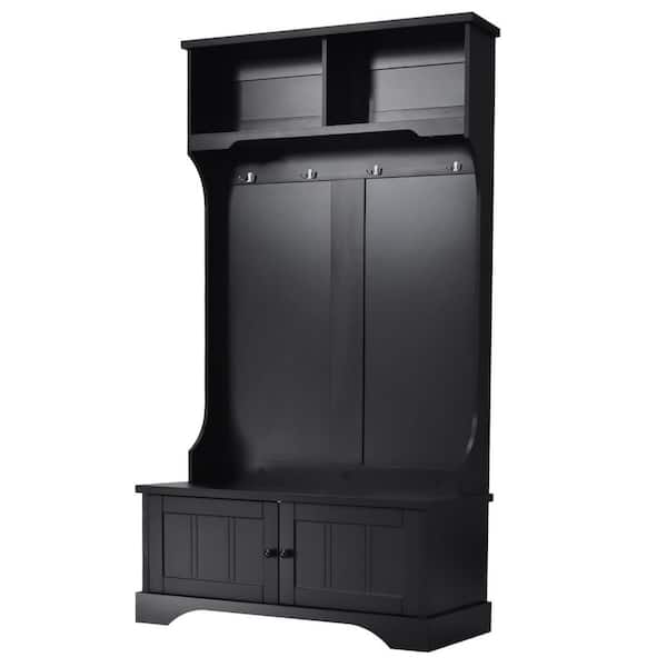 Black Hall Tree with Shelves Cabinet and 4 Hooks