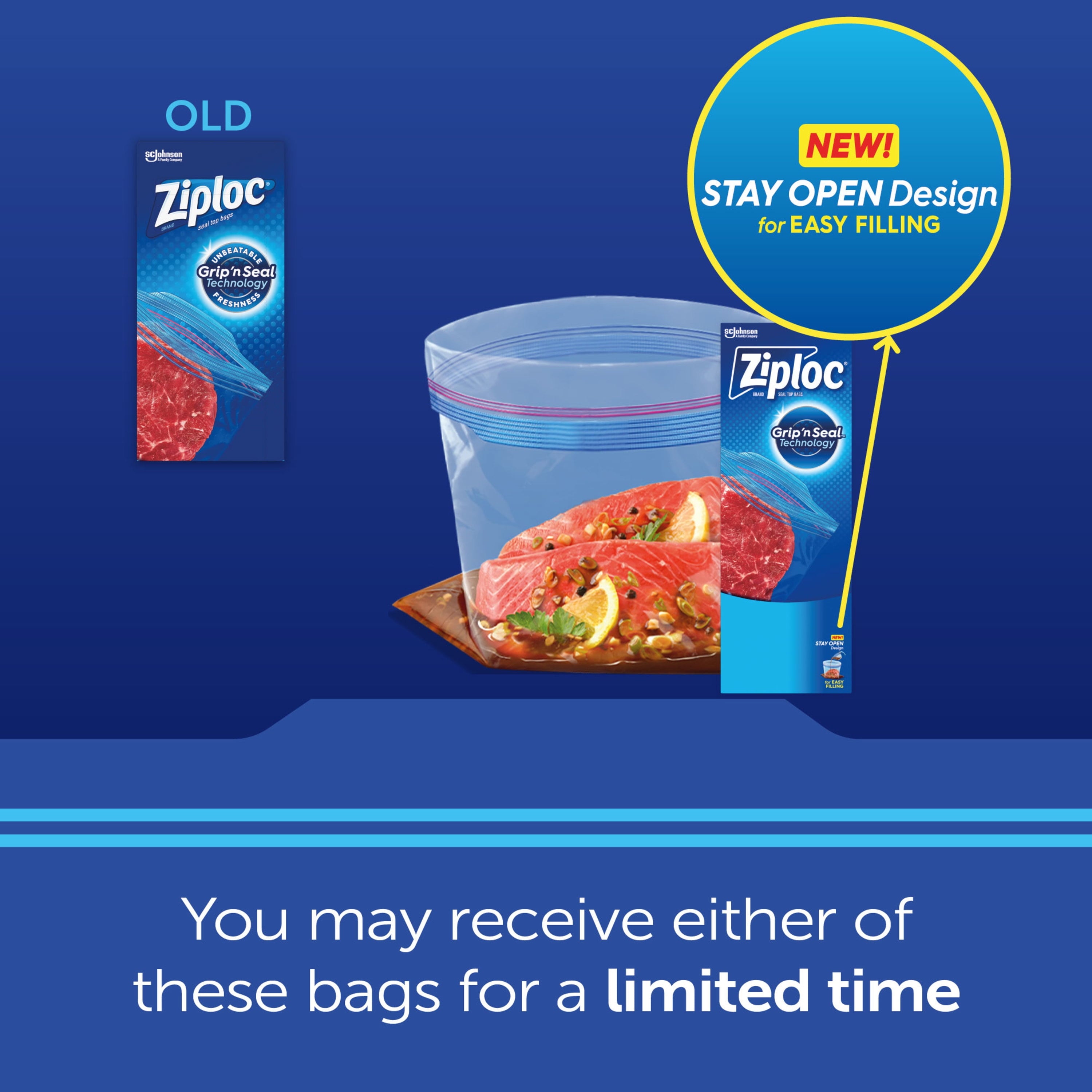 Ziploc® Brand Freezer Bags with New Stay Open Design, Gallon, 60, Patented Stand-up Bottom, Easy to Fill Freezer Bag, Unloc a Free Set of Hands in the Kitchen, Microwave Safe, BPA Free