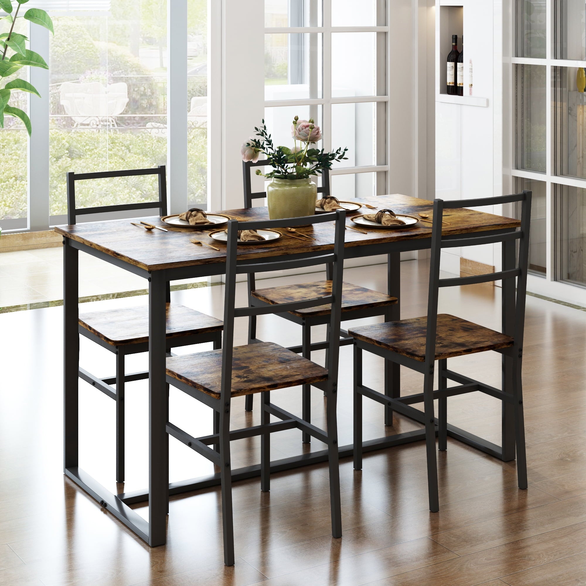 5-Piece Dining Room Table Set, Compact Wooden Kitchen Table and 4 Chairs with Metal Legs Dinette Sets, Industrial Style Kitchen Table and Chairs for Dining Room & Small Space