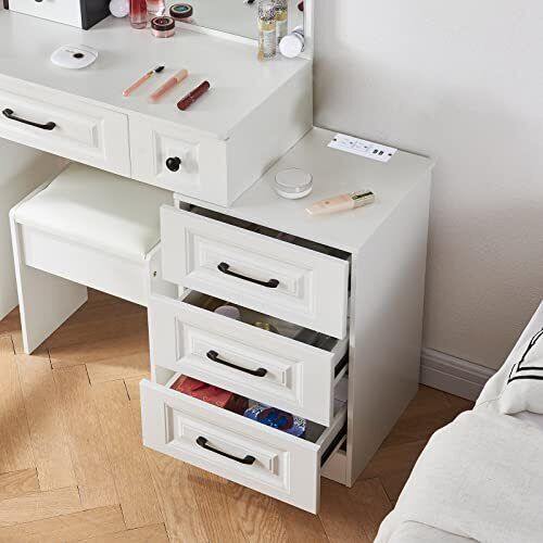 White Modern Makeup Dressing Table With Charging Station Vanity Desk With Slidin
