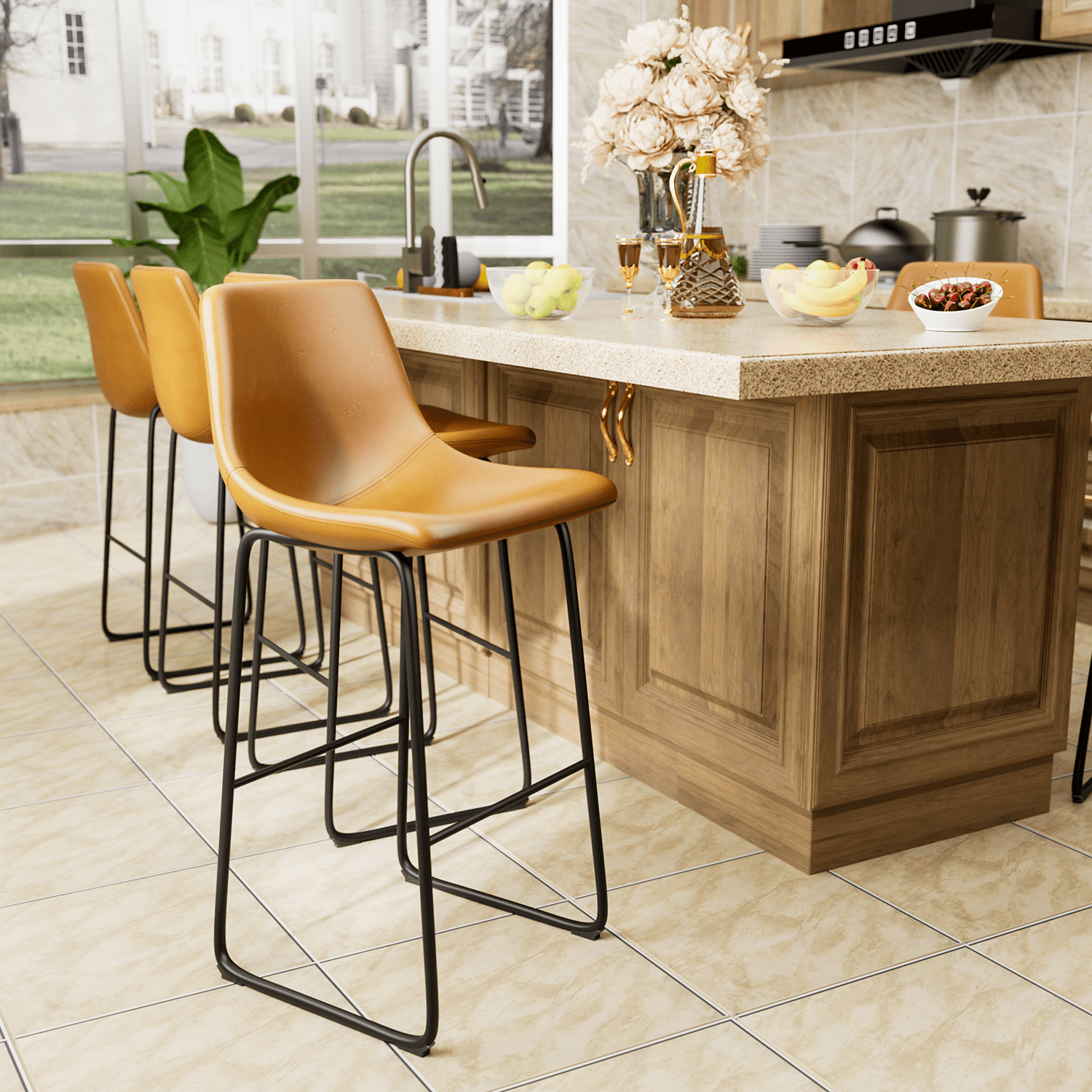 Homall Barstools High PU Leather Counter Bar Stool With Back and Footrest Set of 2, Light Brown