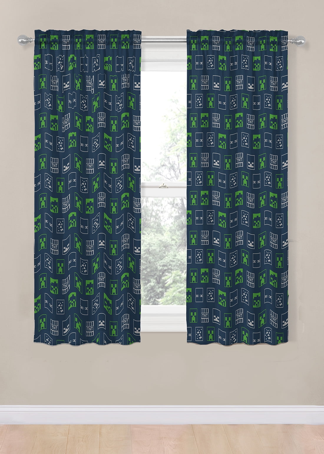 Minecraft Icon Adventures Kids Window Drapes, 82 x 63, Microfiber, Green, Mojang, Gaming Bedding