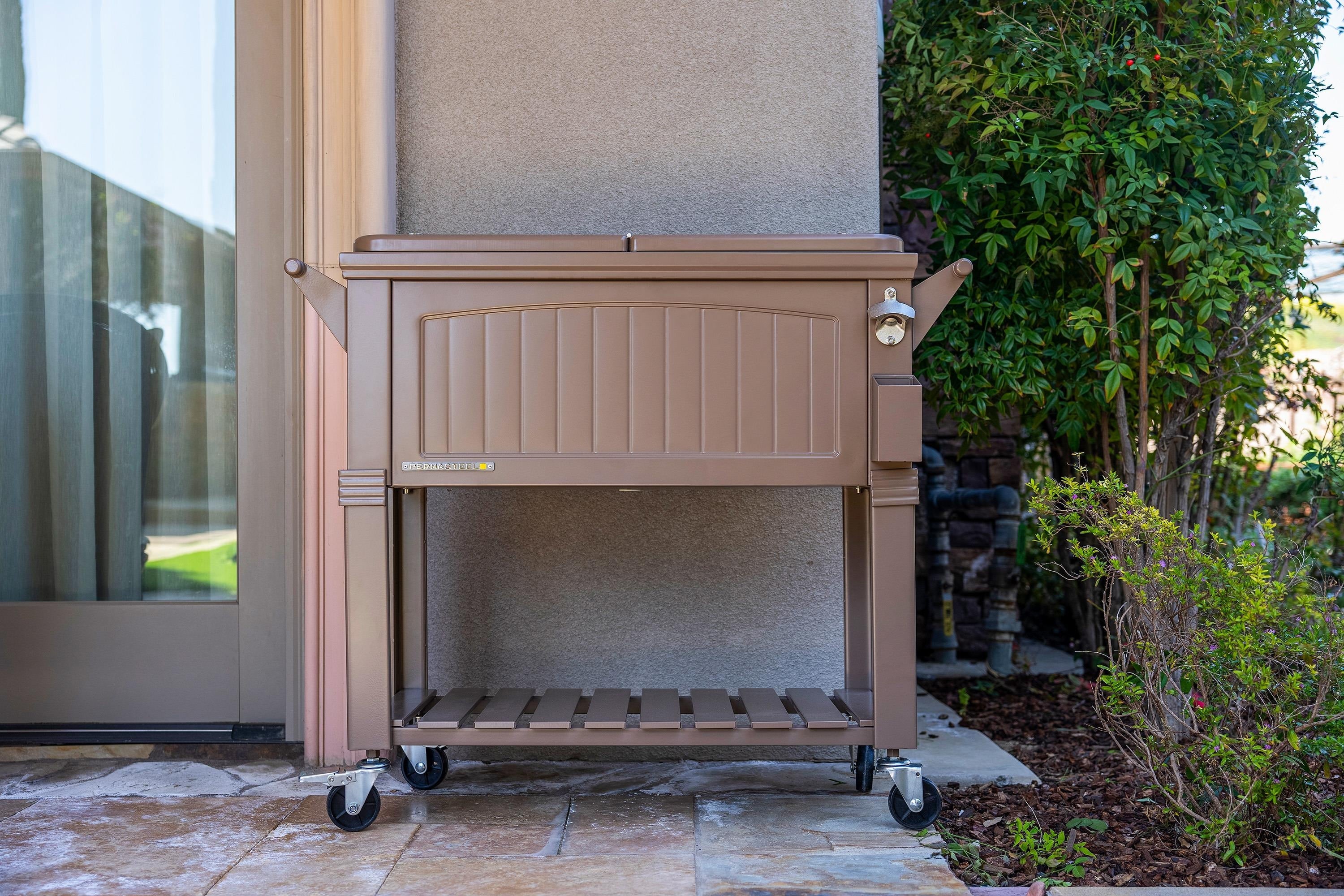 Permasteel 80-Qt Antique Outdoor Steel Patio Cooler on Wheels, Rolling Cooler Cart, Wooden Teak Style, Taupe