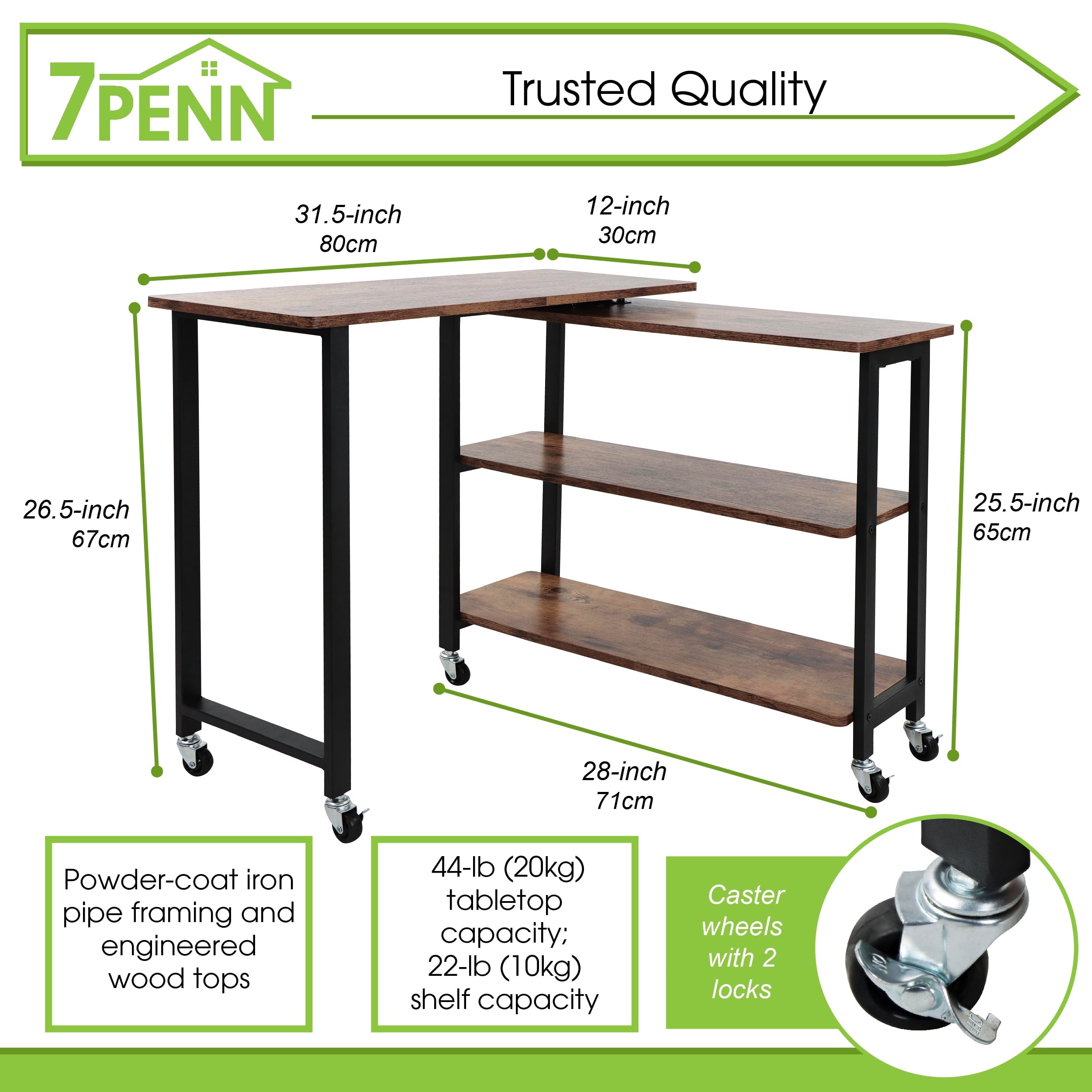 7Penn Side Couch Table Tray with Wheels - Rotating Sofa Side Table Swivel Desk