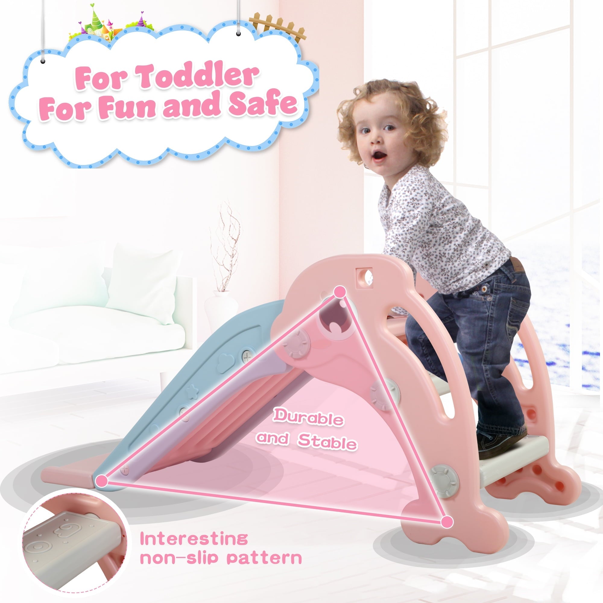 TOBBI 3 in 1 Toddler Slide Plastic Kids Slide with Climb Stairs | Basketball Hoop | Ball, Indoor Outdoor Games Fun Activity Playground Toy for Boys Girls