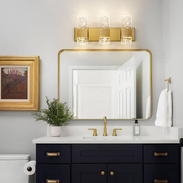 21.3 in. 3-Light Brushed Gold LED Bathroom Vanity Light with Crystal Shade