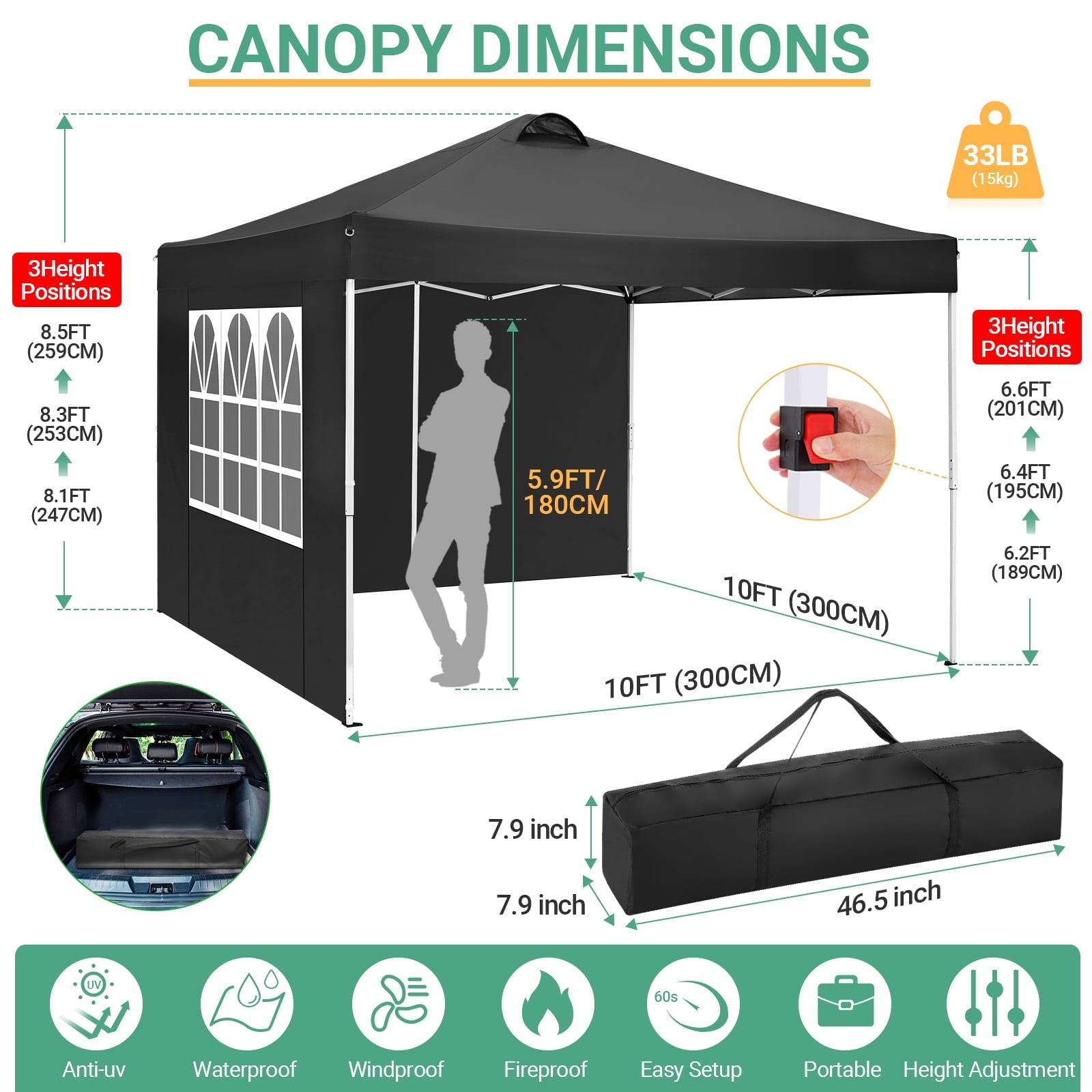 10'x10' EZ Pop Up Canopy with Top Vent, Large Commercial Tent, Waterproof and Sunproof with 4 Removable Sidewalls, Suitable for Weddings come with 4 Sandbags (Black)