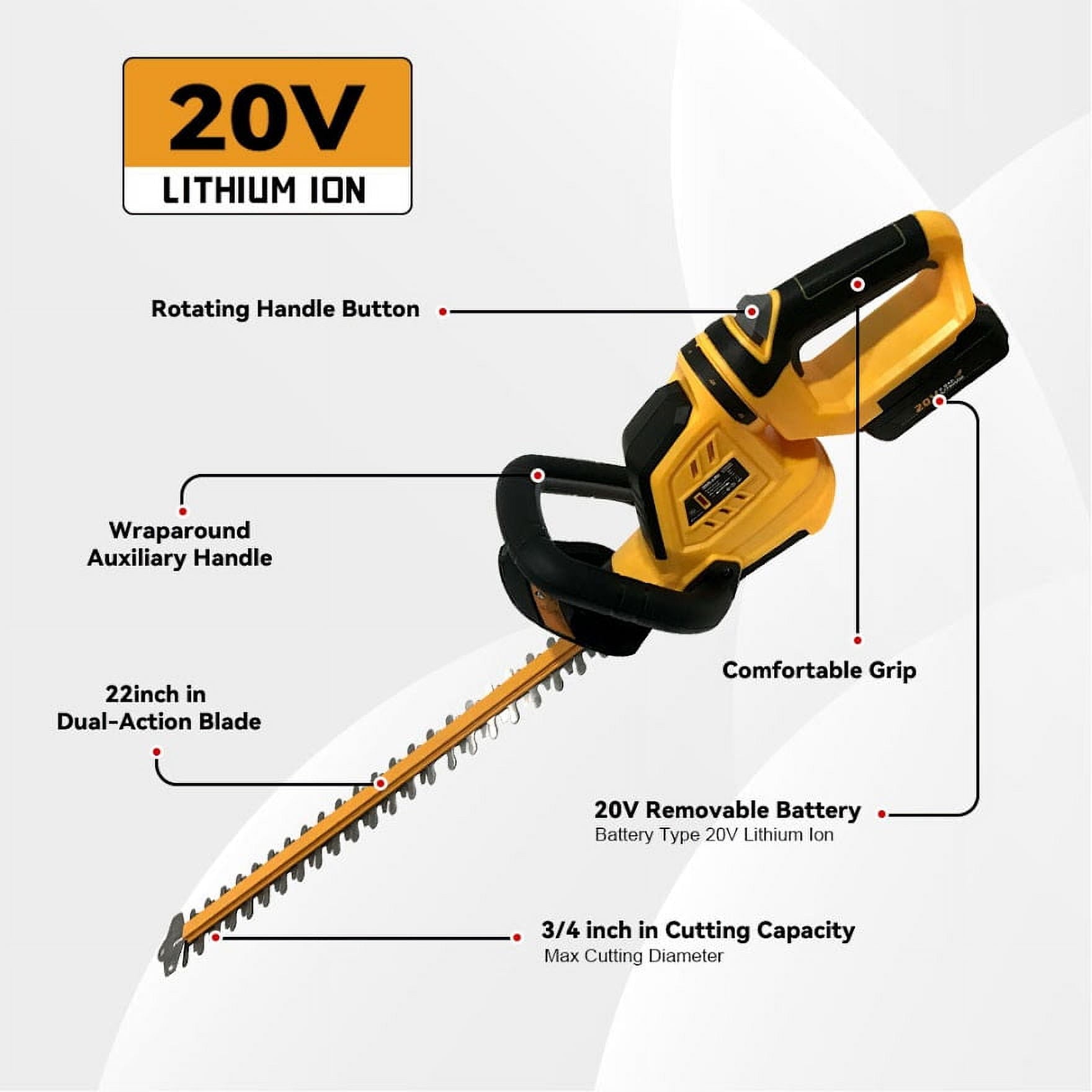 ZEGJAW 20V Cordless Hedge Trimmer with 22inch Dual Action Blade, Comfortable Grip Handle, Include 20V Removable Battery