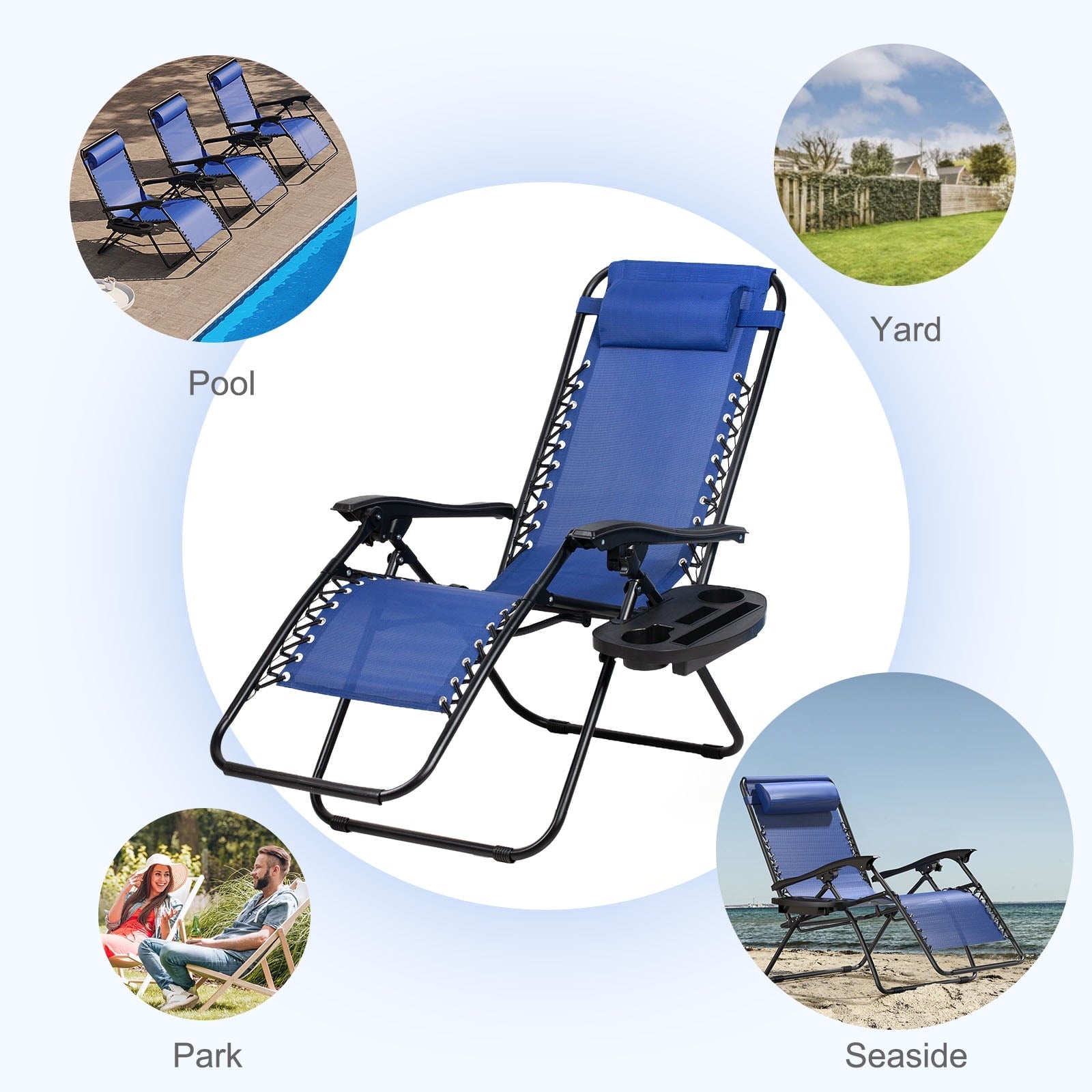 Nazhura Set of 2 Relaxing Recliners Patio Chairs Adjustable Steel Mesh Zero Gravity Lounge Chair Recliners with Pillow and Cup Holder (Navy Blue)