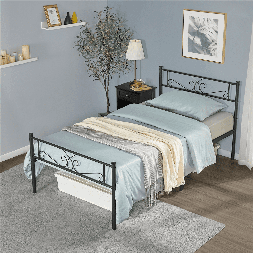 Easyfashion Jocelyn Modern Scroll Metal Platform Twin Bed, Black