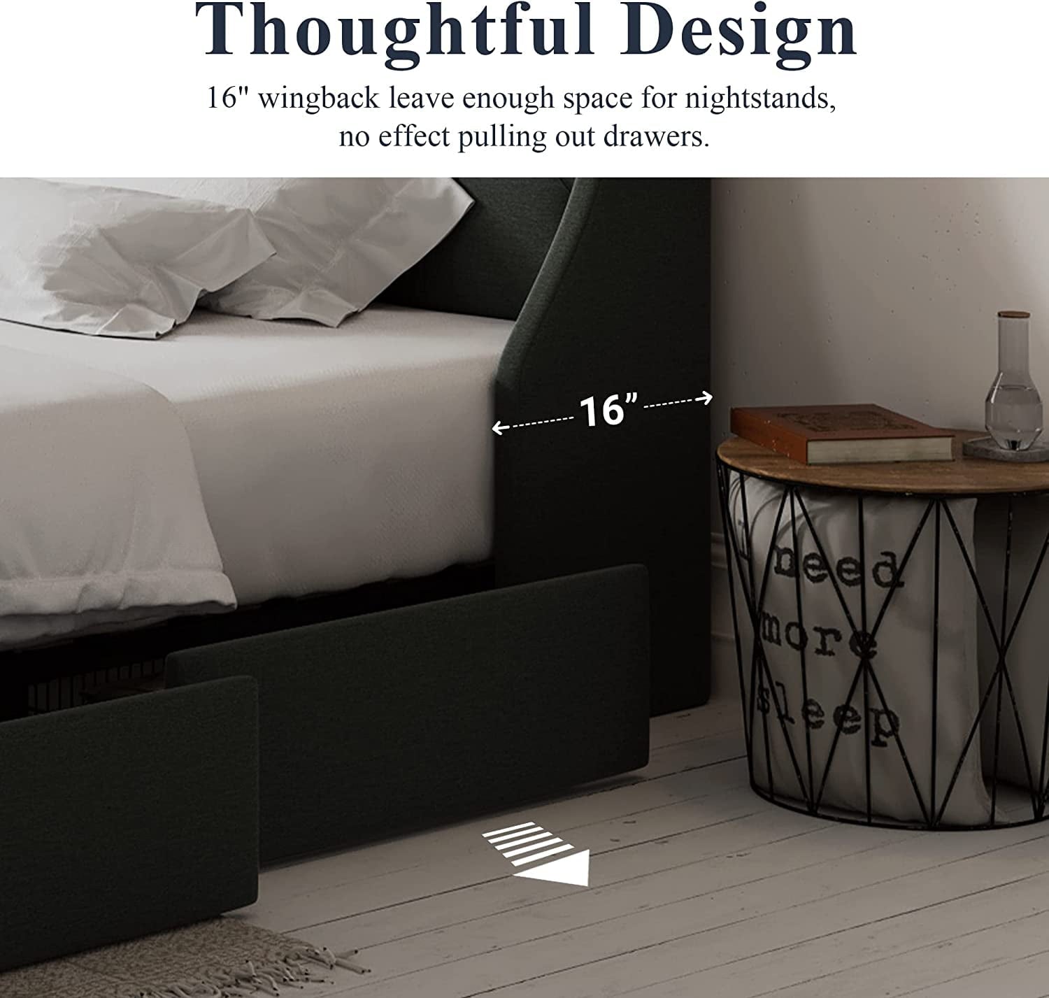 Allewie Queen Size Bed Frame with 4 Storage Drawers and Button Tufted & Wingback Headboard, Dark Grey